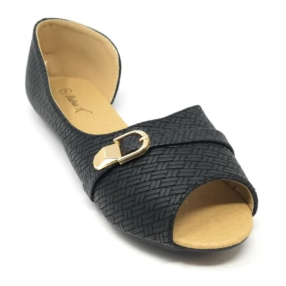 Open Toe Ballet Flats, Womens Slip On B-2859 Black - Picture 2 of 4